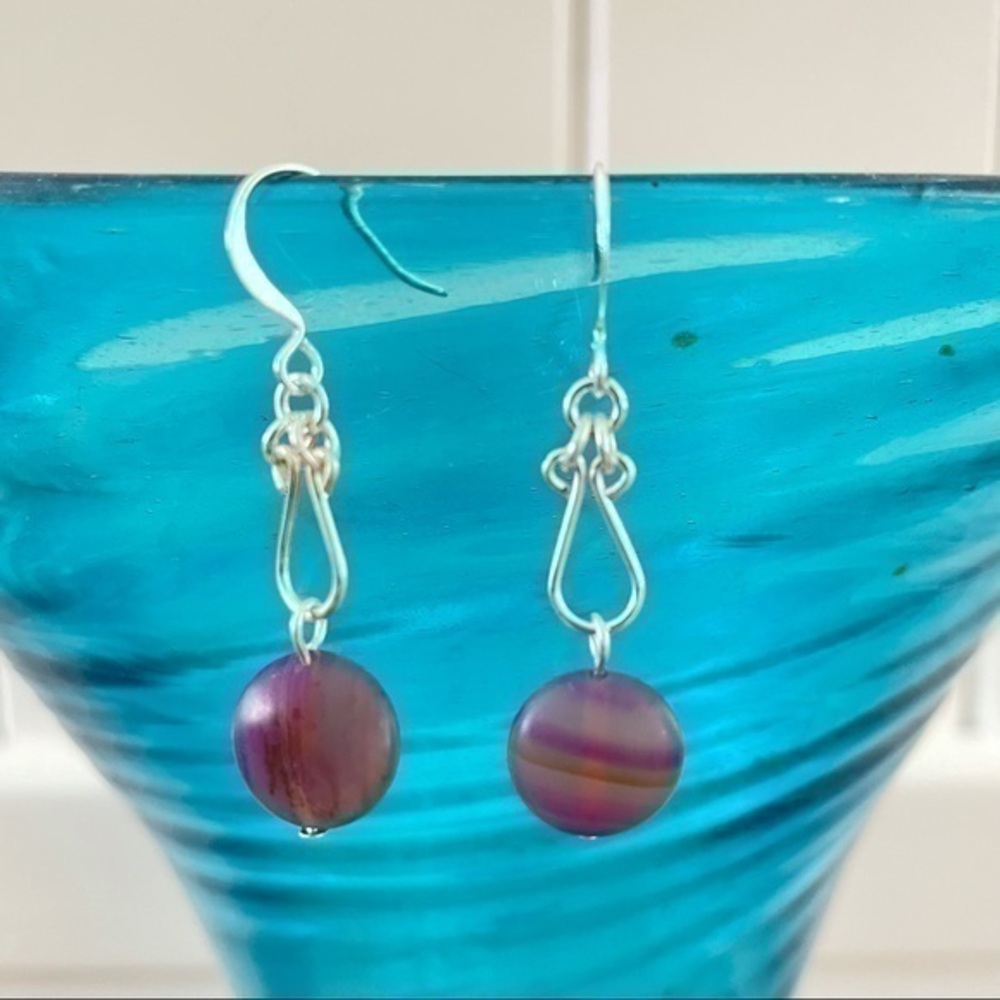 2/$29 Handmade Purple Swirl Glass Bead Dangle Earrings Hand-turned Wire Links
